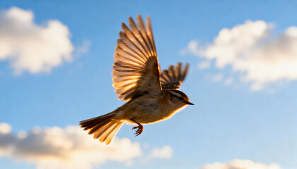 Obraz premium Bird flying free, a concept of freedom, hope, and liberty. A small sparrow in mid-flight with wings spread wide against a beautiful blue sky with clouds during a golden sunset.