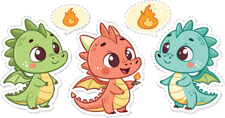 Three Colorful Cartoon Dragons Each With Unique Color Schemes Expressing Joy
