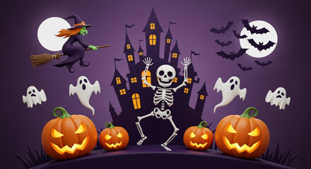 Fototapeta premium Halloween scene: witch, skeleton, ghosts, pumpkins, castle, bats, moon Background ideal for festive banners, cards, or invitations