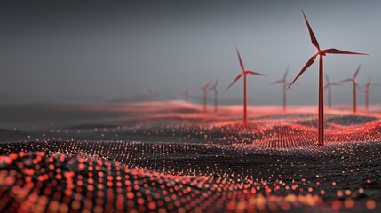 Wind turbines stand tall in a landscape of flowing red light at dusk, showcasing renewable energy's impact on the environment