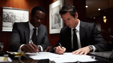 Business meeting in a modern office with two men discussing contracts in the evening