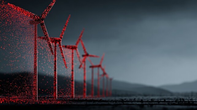 Red lit wind turbines in a dramatic landscape during a stormy evening