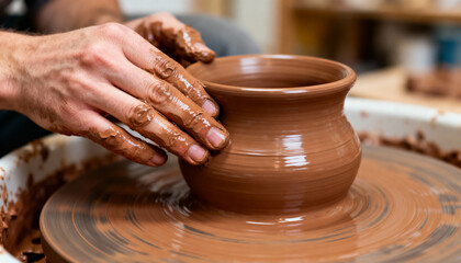 Hands of a potter shaping a clay pot on a pottery wheel. Man creating ceramic tableware in a workshop. Concept of craftsmanship, hobby, art therapy, and handmade goods.