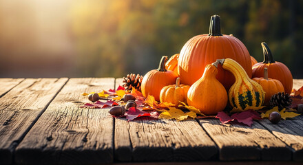 Autumn still life: pumpkins, gourds, acorns, pine cones, and fall leaves arranged on rustic wooden table, bathed in warm sunlight, showcasing autumn harvest abundance and Thanksgiving themes