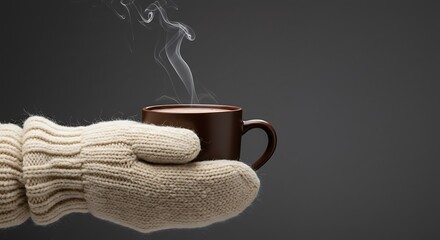 Cozy Hand in Mitten Holding Steaming Hot Drink Mug, Warm Winter Comfort on Dark Background