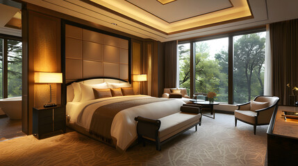 luxury hotel suite bedroom with king-size bed, large windows, warm lighting, elegant furniture, cinematic hospitality design, 16:9