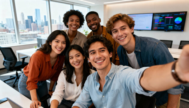 Diverse group of young business colleagues taking a selfie in a modern bright office with large windows showing a city skyline. Team building and corporate friendship concept.