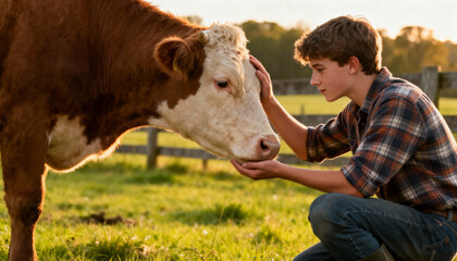 Young farmer tenderly petting a cow in a field at sunset. Concept of human-animal bond, friendship, trust, and empathy. Sustainable agriculture and compassionate animal husbandry.