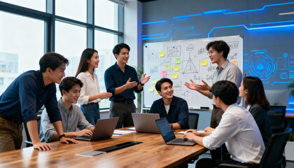 Diverse Asian business team in a creative meeting, brainstorming ideas in a modern tech office. Teamwork and collaboration with laptops and whiteboard for strategy and planning.