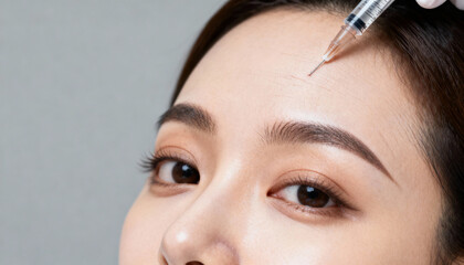 Botox injection in forehead for wrinkles. Cosmetic anti-aging procedure. Aesthetic medicine concept. Woman getting dermal filler for skin rejuvenation. Plastic surgery, cosmetology.