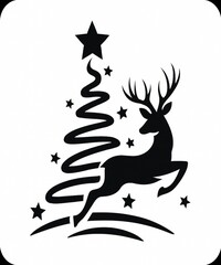 
Jumping Reindeer Silhouette and Spiral Christmas Tree with Stars – Minimalist Winter Design