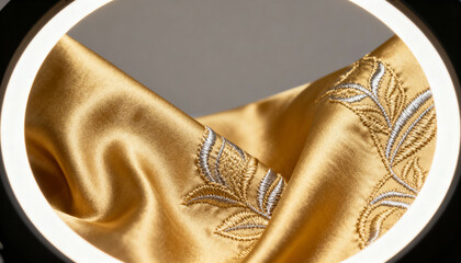 Golden silk textile with exquisite silver floral embroidery examined under a ring light. Macro shot of fabric texture, quality craftsmanship, and intricate details of haute couture.