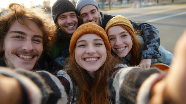 Group of friends enjoying a carefree moment after skating in the park on a sunny afternoon, capturing their joyful faces during a fun outing together