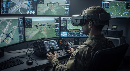 Soldier drone operator wearing virtual reality goggles controls drone during training, from behind