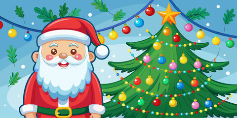 Adorable Santa Claus and Christmas Tree Illustration! The perfect design for welcoming Christmas and New Year. Ideal for greeting cards, holiday promotional banners, or social media headers.