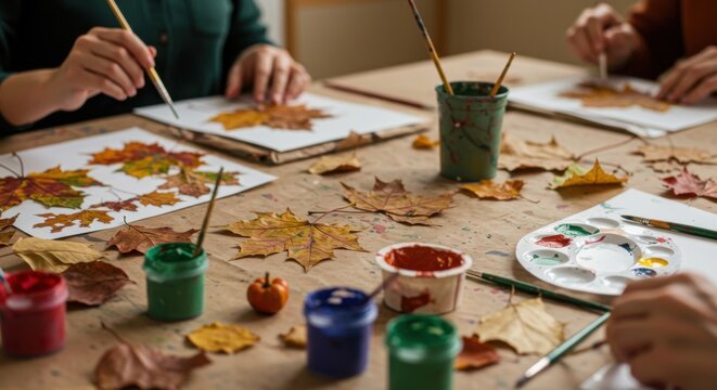 Hands of diverse people painting autumn leaves on paper. Colorful paints and leaves scattered on a wooden table. Creative art activity in a cozy indoor setting.