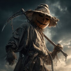 Eerie Pumpkin Scarecrow: Harvest horror in stormy twilight, a spooky guardian with a scythe under a menacing sky.
