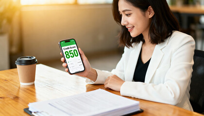 Happy Asian businesswoman satisfied with perfect 850 credit score on phone. Financial stability, personal finance management. Checking loan application status online.