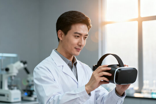 Scientist in lab coat holding a virtual reality headset in a laboratory setting