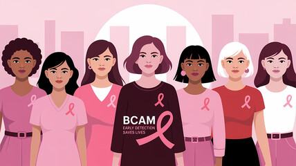 A diverse group of women stand together with pink ribbons for Breast Cancer Awareness Month.