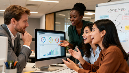 Diverse business team analyzing startup project results on computer. Black female leader presents data to caucasian manager and excited colleagues in modern office meeting.