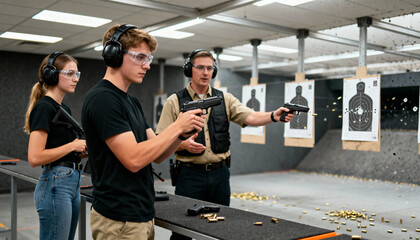 Instructor teaching young adults firearm handling and safety at an indoor shooting range. People learning how to shoot pistols. Target practice and gun training course concept.