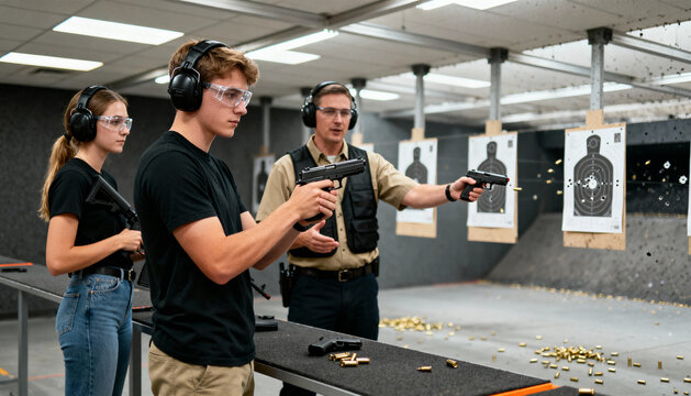 Instructor teaching young adults firearm handling and safety at an indoor shooting range. People learning how to shoot pistols. Target practice and gun training course concept.