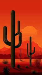 Sunset over desert landscape with cacti silhouette against vibrant orange sky