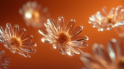 Beautiful glass-like flowers float gracefully against a warm orange background creating a serene and enchanting scene