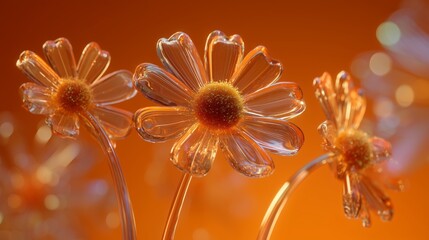 Colorful glass flowers glow against a bright orange background creating a vibrant display of nature's beauty