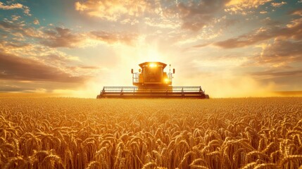Fototapeta premium Autonomous Combine Harvester Collecting Golden Wheat in Autumn Field with Futuristic Technology Glow