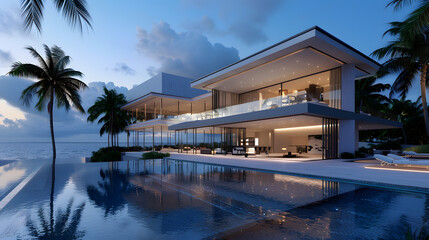 modern luxury villa exterior with infinity pool, palm trees, glass walls, evening lighting, cinematic architectural render, 16:9