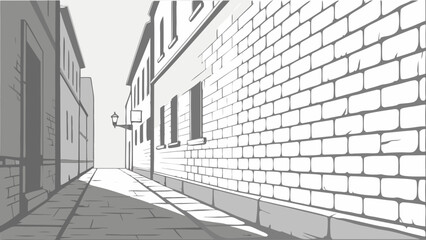 Monochromatic Urban Alleyway Illustration with Dramatic Shadows and Old Brick Buildings; Grayscale Street Scene in Perspective, Evoking Mystery and...