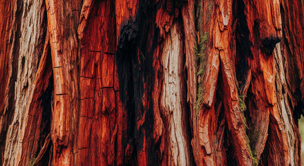 Detailed Close-up of Deep Red, Heavily Textured Ancient Sequoia Bark
A stunning macro shot capturing the intricate texture and rich color of the bark from a giant sequoia or redwood tree
