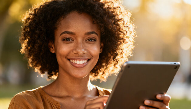 Beautiful smiling young african american woman with curly hair using a digital tablet outdoors. Happy black student or businesswoman working online in a park with backlighting.