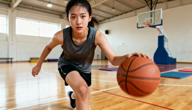 Focused young Asian female basketball player dribbling the ball during practice on an indoor court. Determined athlete in sportswear training, showing skill and concentration.