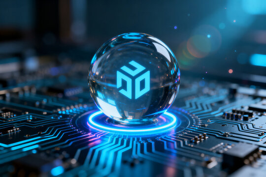 A glowing crystal sphere with a digital cube symbol hovers over a circuit board, illuminated by blue light in a high-tech environment.