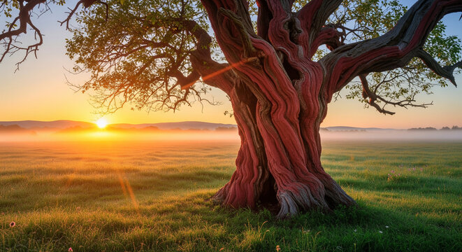 Majestic Ancient Tree Bathed in Golden Sunrise Light in a Misty Field
A breathtaking image of an ancient, gnarled tree with a deep reddish-brown trunk standing prominently in a dewy, grassy field