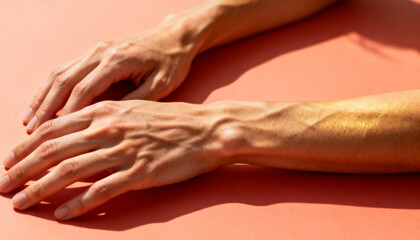 Fototapeta premium Close-up of elegant female hands with athletic veins on a vibrant coral background. One arm glistens with golden shimmer. Concept for body care, beauty, anatomy, and art.