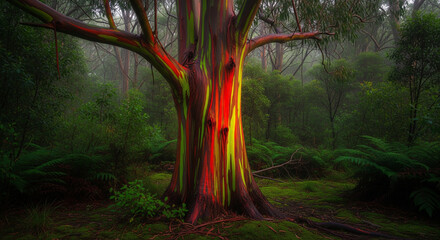 Ethereal Rainbow Eucalyptus Trunk Glowing in Dark, Foggy Tropical Forest
An atmospheric and eerie shot of the spectacular Rainbow Eucalyptus (Eucalyptus deglupta) in a lush, dark forest setting