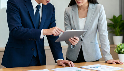 Business teamwork. Two colleagues in a meeting analyze financial data on a tablet. Man and woman coworkers planning corporate strategy. Partnership, consulting, and growth concept.