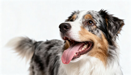 Fototapeta premium Happy Australian Shepherd dog portrait isolated on white background. Blue merle Aussie panting with tongue out, looking away. Cute, friendly purebred canine studio shot. Pet concept.