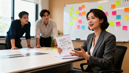 Obraz premium Confident business woman leads creative meeting, presents ideas. Team brainstorming in modern office with whiteboard, sticky notes. Concept for strategy, collaboration, innovation.