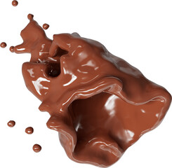 Realistic liquid chocolate splash isolated clipart, creamy richness, brown splashing jet with droplets mid-air 3d render