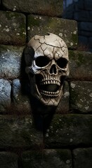 Skull against stone wall
