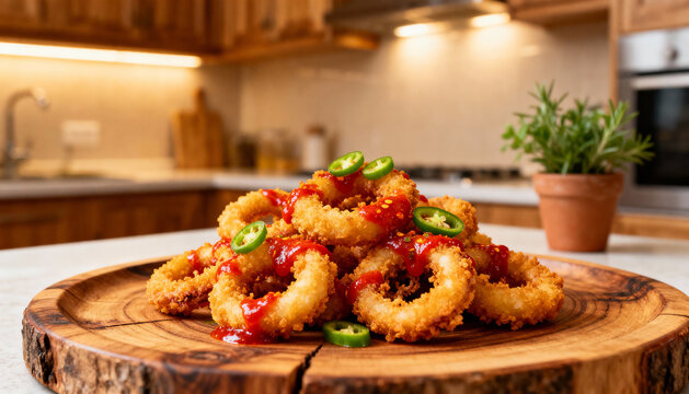 Crispy fried calamari rings appetizer with spicy sriracha sauce and fresh jalapeño chili garnish. Delicious deep-fried seafood snack served on a rustic wooden plate.