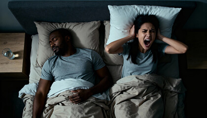 Top view of snoring black husband and his stressed asian wife in bed at night. Annoyed woman suffering from insomnia, covering ears and screaming from loud noise. Sleep apnea.