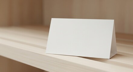 Blank White Tent Card Mockup on Wooden Shelf.