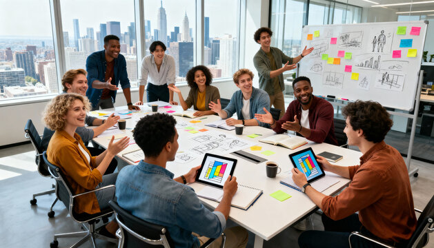 Brainstorming session. Diverse creative team in a modern agency office meeting. Colleagues collaborating on strategy, successful teamwork, presentation on whiteboard.