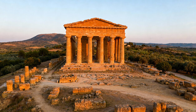 Ancient Temple of Hera Ruins in Agrigento Valley of the Temples, Aerial Panoramic View of Historic Greek Archaeological Site at Sunset with Scenic Landscape